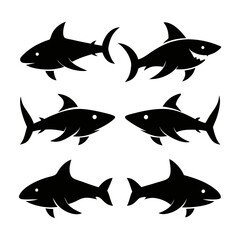 Six Silhouettes of Sharks in Various Poses 