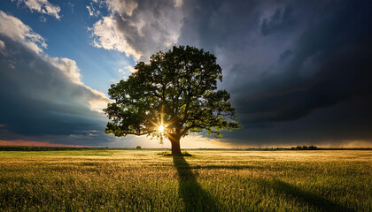 Fototapeta premium strong oak tree stands tall in open field, sunlight breaking through dark storm clouds, creating dramatic scene