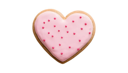 Pink heart-shaped cookie with sprinkles.