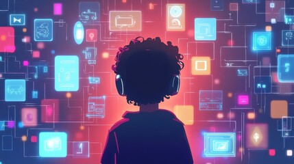 child surrounded by digital icons flat design back view futuristic theme cartoon drawing Complementary animation Triadic Color Scheme