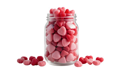 Pink heart-shaped gummies in a glass jar.