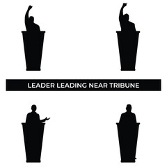 Vector Illustration of Leader Leading Near Tribune. Simple Flat Design Depicting Leadership, Public Engagement, and Political Influence.