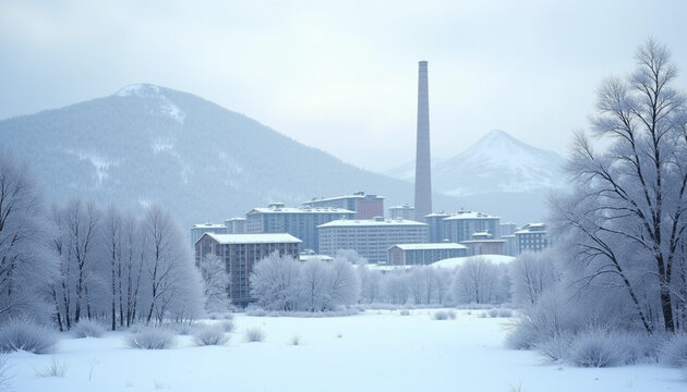 Winter landscape featuring an industrial building and a tall chimney amidst snowy mountains