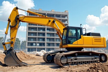 High-Rise Construction Site. Large yellow excavator at modern apartment building construction site against blue sky.