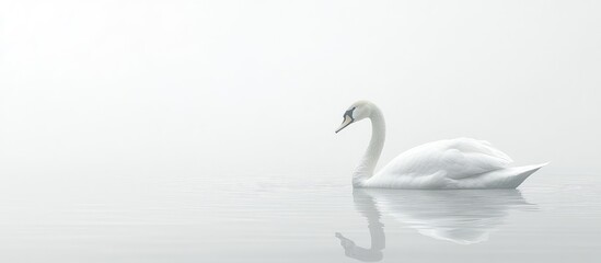 Elegant white swan swimming in calm waters shrouded in mist with reflection on the surface and ample Copy Space for text.