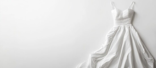Elegant white wedding dress on a plain background with ample copy space for text placement.