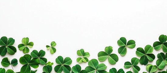 Fresh green clover leaves arranged on white background with copy space for text or graphics