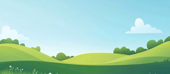 Obraz premium Green rolling hills under a clear blue sky with fluffy white clouds and lush trees in the background Copy Space