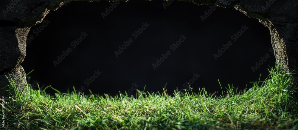 Poster grass framed by a stone arch in a dark setting with copy space for text inclusion.