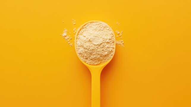 Yellow spoon with flour on vibrant yellow background Copy Space