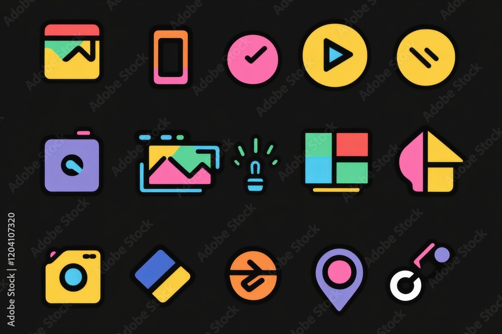 Aufkleber colorful collection of modern icons showcasing various digital tools on a dark background. generativ
