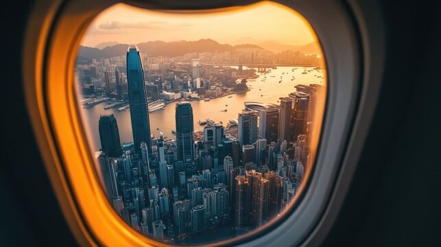 Fototapeta A bustling city with shimmering skyscrapers seen from above through an airplane window as the morning sun casts warm hues.