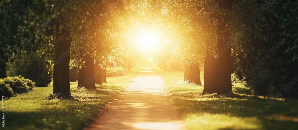 Poster sunlit pathway through trees in a park during golden hour with soft focus and copy space for text