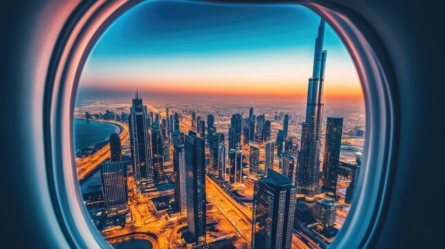 Fototapeta A calm yet lively morning cityscape seen from above, the airplane window framing the beauty of skyscrapers and sunrise.