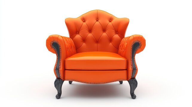 Vintage orange upholstered armchair with tufted backrest and black wooden legs on a plain white background with copy space.