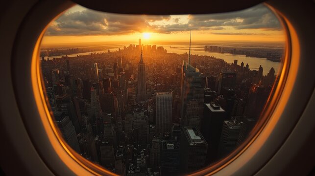 Fototapeta A calm yet lively morning cityscape seen from above, the airplane window framing the beauty of skyscrapers and sunrise.
