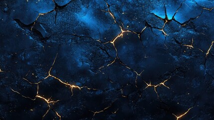 Dark textured background with blue and gold cracks and fissures in a weathered surface, featuring ample copy space for text additions.