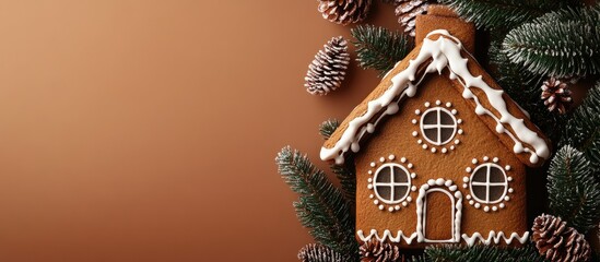 Gingerbread house with icing decoration surrounded by pinecones and evergreen branches on a warm brown background Copy Space
