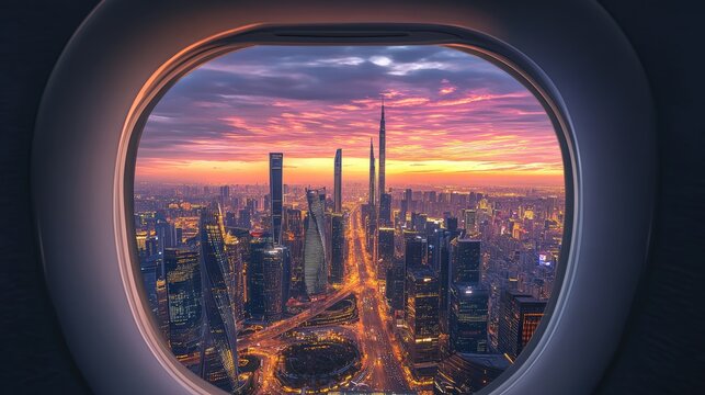 Fototapeta A calm yet lively morning cityscape seen from above, the airplane window framing the beauty of skyscrapers and sunrise.