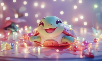 Obraz premium Adorable cartoon turtle figurine with fairy lights.