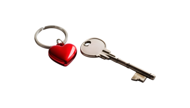 Red heart keychain and key on black background.