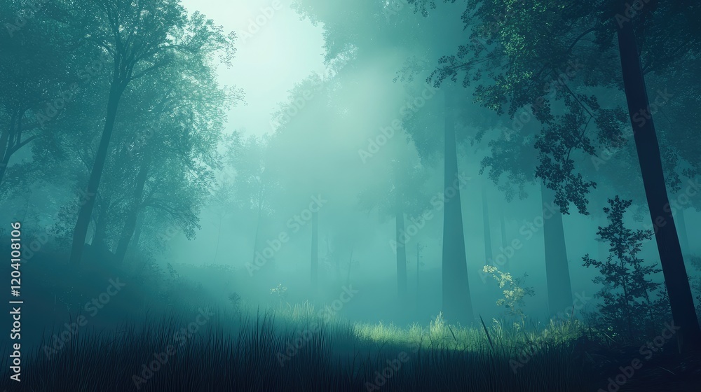 Poster misty forest landscape with tall trees and soft light filtering through fog in a tranquil natural se