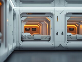 Obraz premium Hightech modular luxury sleep pods, interconnected in a futuristic coliving space