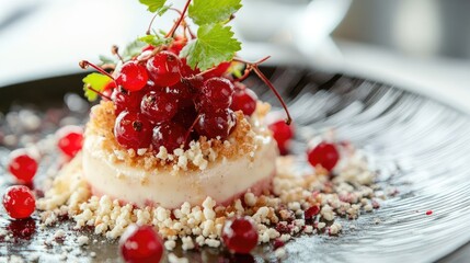 Dessert plate with panna cotta topped with berries and crushed nuts on a black textured plate with copy space