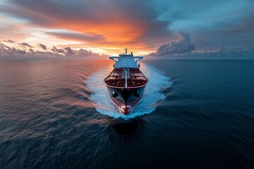 Majestic tanker gliding through tranquil waters at sunset, a blend of natural beauty and human engineering. Generative AI