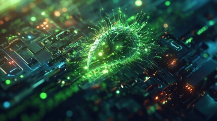 Conceptual germ invading digital systems, [cyber virus, computer infection, tech concept], [fusion of biology and technology, sleek] 