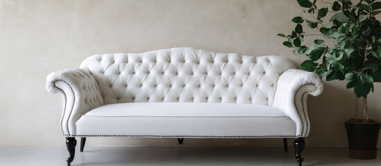 Elegant white tufted sofa against a neutral wall with a potted plant Copy Space