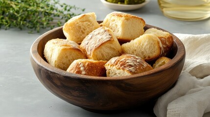 Freshly baked rolls in a wooden bowl with herbs and olive oil in the background on a light surface with Copy Space.