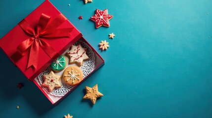 A Festive Red Gift Box Overflowing with Delicately Decorated Holiday Cookies on a Vibrant Teal Background