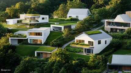Aerial view of modern homes nestled in lush greenery, showcasing eco-friendly architecture and natural landscapes.