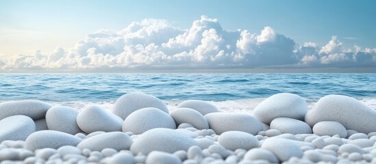 Ocean shoreline with smooth white stones under a cloudy sky with blue water and ample Copy Space for text