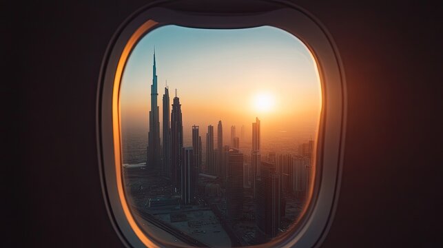 Fototapeta A serene summer morning cityscape seen through an airplane window, skyscrapers standing tall under the rising sun.