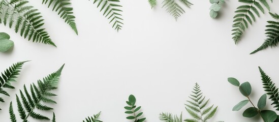 Green ferns and leaves arranged around white background with Copy Space for text placement
