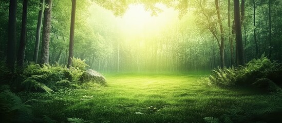Obraz premium Forest landscape with lush greenery and soft sunlight filtering through trees Copy Space