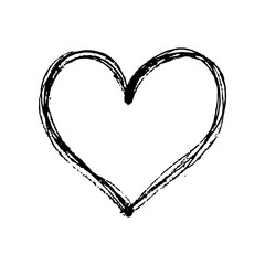 Black hand-drawn heart with rough strokes, uneven texture, on plain white background. Concept of love, simplicity, and minimalism. Valentine's day illustration.