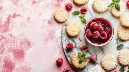 Delicious raspberry cookies with raspberry jam and fresh mint leaves on a marble serving board with pink background and copy space