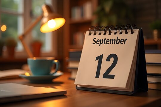 A calendar page flipping to September 12, set in a cozy desk scene.