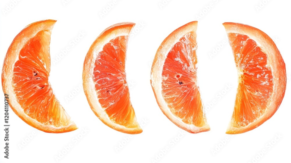 Poster sliced orange segments arranged in a row on a white background with ample copy space for text placem
