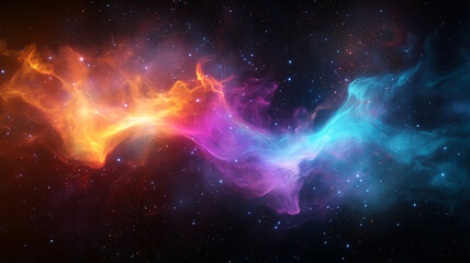 vibrant cosmic background featuring swirling colors of orange, pink, and blue, set against starry night sky, evokes sense of wonder and exploration