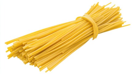 Bundle of uncooked spaghetti pasta with rubber band isolated on white background Copy Space