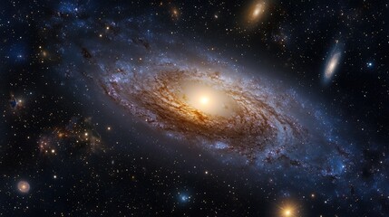 Obraz premium Detailed view of a spiral galaxy with bright core and surrounding stars in deep space, featuring rich colors and copy space for text