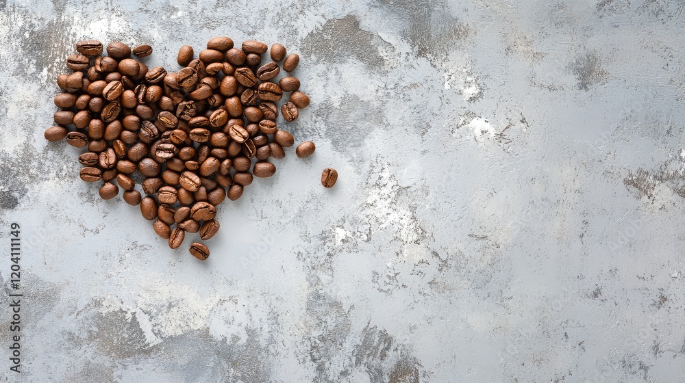 Poster coffee beans arranged in heart shape on textured gray background with ample copy space for text inse