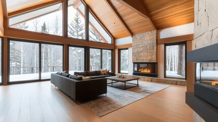 A spacious, modern living room featuring large windows, wooden beams, a stone fireplace, and a cozy seating area, with a snowy landscape visible outside.