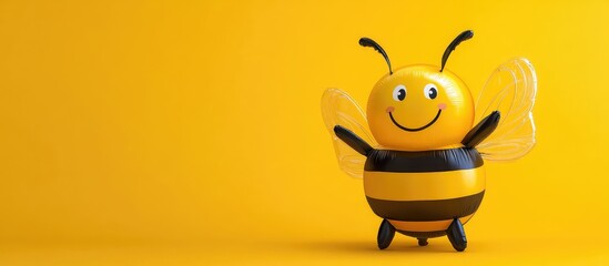Happy cartoon bee character on a bright yellow background with copy space for text