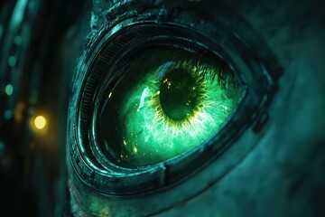 A glowing green alien eye visible through a spaceship?? tiny porthole.