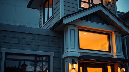 Modern House Exterior at Night: Warm Lighting and Architectural Details